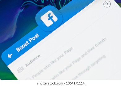 New York, USA - April 8, 2019: Facebook Boost Post On Digital Screen Macro Close Up View