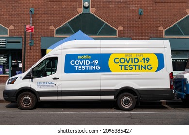 New York, New York USA - August 10 2021: Mobile Covid-19 Testing Van Parked Along The Street In New York City