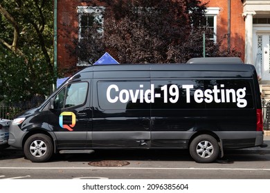 New York, New York USA - August 10 2021: Mobile Covid-19 Testing Van Parked Along The Street In New York City