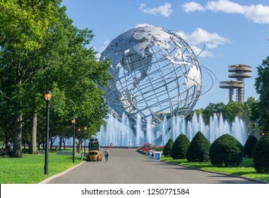 New York, USA - August 20, 2018: The iconic Unisphere in Flushing Meadows Corona Park in Queens. The structure was build for the 1964 NYC World's Fair.