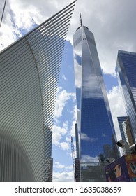 New York, USA - August 20, 2018: One WTC Oculus Detail With One World Trade Center Skyscraper On Background