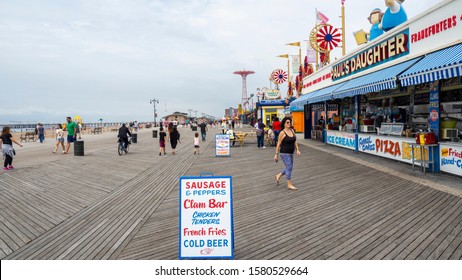 New York, USA. August 30, 2019. Coney Island. The Colorful Seaside And  The Iconic Boardwalk. Shops And Fast Food