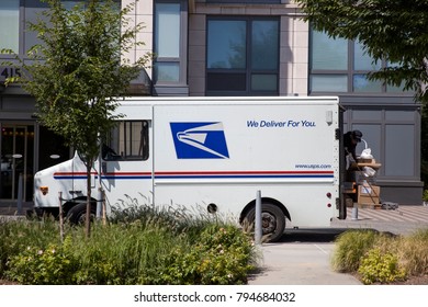 NEW YORK, USA - AUGUST 30, 2017: Detail Of The US Mail Delivery Truck In New York. US Postal Servise As Independent Agnecy Was Formed In 1971.