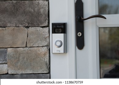 New York, USA - Circa 2018: Ring Video Doorbell Owned By Amazon. Manufactures Home Smart Security Products Allowing Homeowners To Monitor Remotely Via Smart Cell Phone App. Illustrative Editorial