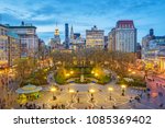 New York, New York, USA cityscape over Union Square in Lower Manhattan at twilight.