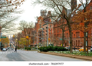 NEW YORK, USA - DEC 8, 2017: Broadway And West 120th Street. Teachers College, Columbia University Is Graduate School Of Education, Health And Psychology