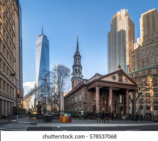 NEW YORK, USA - December 04, 2016: St. Pauls Chapel And One World Trade Center At Lower Manhattan