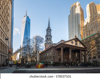 NEW YORK, USA - December 04, 2016: St. Pauls Chapel And One World Trade Center At Lower Manhattan