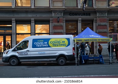 New York, New York USA - December 13 2021: Mobile Covid-19 Testing Van Parked Along A Street In SoHo Of New York City