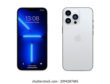 New York, USA- December 21, 2021: Front and rear view of silver iPhone 13 Max Pro with triple camera on white background.