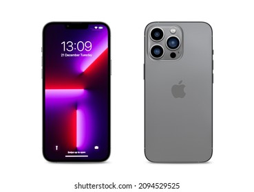New York, USA- December 21, 2021: Front and rear view of graphite color iPhone 13 Max Pro with triple camera on white background.