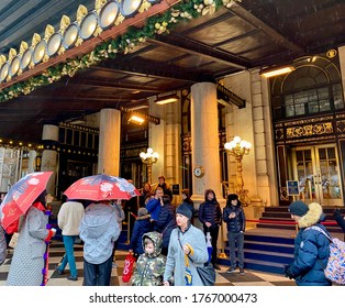 New York, USA, December 23, 2020: Facade Of The Famous Hotel Plaza In New York With Lights And Decorations During Christmas Holidays In Manhattan Winter Cold