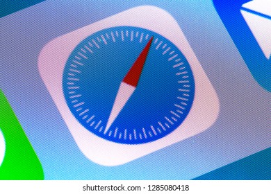 New York, USA - December 25, 2018: Safari Application Icon On Iphone Screen Closeup.