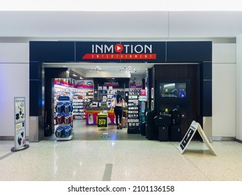 New York, USA - December 25, 2021: Horizontal View of InMotion Entertainment Shop inside John F. Kennedy Airport Terminal 5, InMotion InMotion is the traveler’s top destination for electronics.