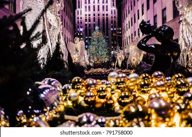 New York / USA - December 26, 2017: View Of Rockefeller Center Christmas Tree 