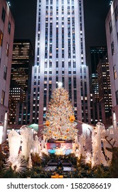 New York / USA - December 6 2019: Christmas Tree And Decorations At The Rockefeller Center