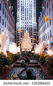 New York / USA - December 6 2019: Christmas Tree And Decorations At The Rockefeller Center