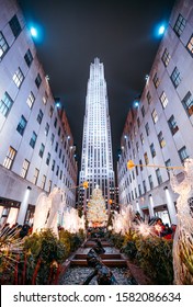 New York / USA - December 6 2019: Christmas Tree And Decorations At The Rockefeller Center