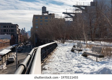 New York, New York USA - February 10 2021: The High Line Park With Snow And No People During The Winter In Chelsea Of New York City