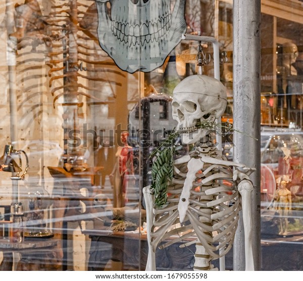 New York, USA February 17, 2020 Skeleton standing\
in the street on window