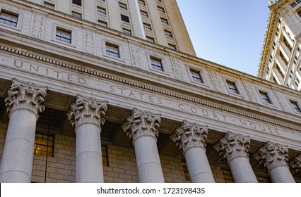 New York, USA February 21, 2020. United States Court House. Courthouse Facade With Columns, Lower Manhattan, New York