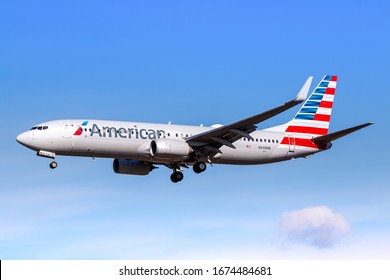 New York, USA - February 29, 2020: American Airlines Boeing 737 airplane at New York John F. Kennedy airport (JFK) in the USA. Boeing is an aircraft manufacturer based in Seattle, Washington.