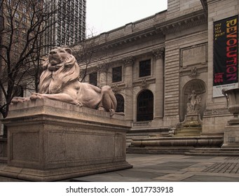 New York , New York, USA. Febuary 1, 2018. One of the lions, Patience and Fortitude, that adorn the steps to the New York Public Library in Manhattan, New York - Shutterstock ID 1017733918