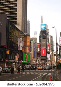 New York , New York, USA. Febuary 1, 2018. Corner Of West 44th Street In Times Square In Midtown Manhattan On A Weekday Afternoon