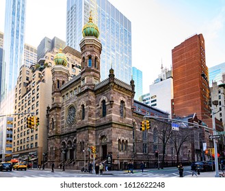 New York, New York, USA - January 10, 2020: Central Synagogue On Lexington Avenue. People Can Be Seen.