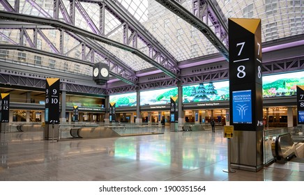 New York, New York, USA - January 22, 2021: The new Moynihan Train Hall in New York City. People can be seen.