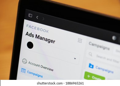 New York, USA - January 4, 2021: Facebook Ads Manager Tool Macro Close Up View In Laptop Screen