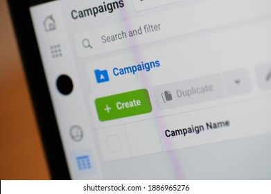 New york, USA - January 4, 2021: Create campaign in facebook ads manager macro close up view in laptop screen