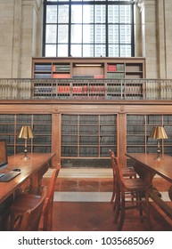 NEW YORK, USA - January 5, 2018: Working Space At The New York Public Library. With Nearly 53 Million Items, The New York Public Library Is The Second Largest Public Library In The United States