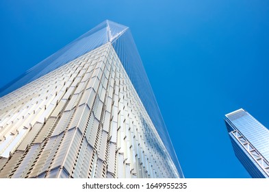 New York, USA - July 05, 2018: Close Up Picture Of One World Trade Center (also Known As One WTC Or Freedom Tower) Against The Blue Sky.