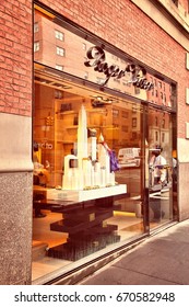 NEW YORK, USA - JULY 1, 2013: Roger Vivier Fashion Store In Madison Avenue, New York. The Famous Shoe Brand Was Established In 1937 And Has Stores In Many Countries.