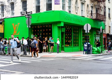 New York / USA - July 12 2019: Louis Vuitton's Neon Green FW19 Pop-Up store with Virgil Abloh’s men’s collection