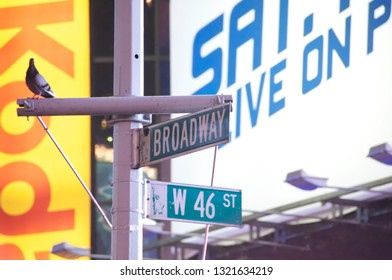 New York, New York / USA - July 13, 2010: A Street Sign Depicting The Corner Of Broadway And West 46th Street In New York City's Famous Times Square At Night With Brightly Lit Commercial Billboards.