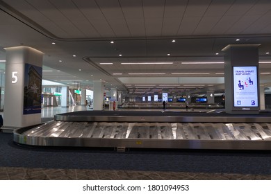 New York, New York / USA - July 15 2020: Empty Baggage Claim Carousels At LaGuardia Airport Terminal B During The Covid 19 Outbreak