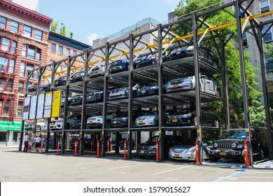 New York, USA - July 2019: Quadruple Stacker Car Lift New Parking In Manhattan