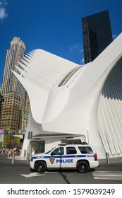 New York, USA - July 2019 : Police Car Parked In Front Of The Oculus Building