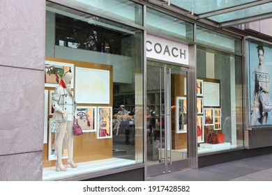 NEW YORK, USA - JULY 4, 2013: Coach Brand Luxury Leather Goods Shop In New York. Coach Brand Is Owned By Tapestry Inc.