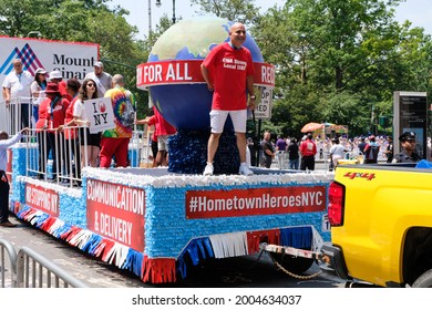 New York, New York USA - July 7, 2021: A Man Stands At The Front Of The Mount Sinai Hospital Workers' Float In The Hometown Heroes Parade.