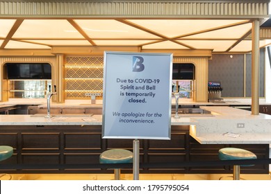 New York, New York / USA - July 8 2020: Temporarily Closed Sign At A Restaurant At LaGuardia Airport Terminal B During The Covid 19 Outbreak