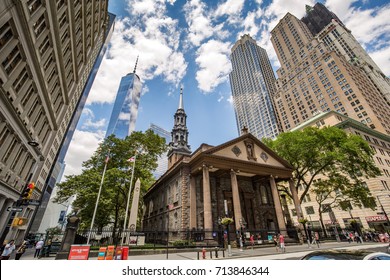 NEW YORK, USA - July 9, 2017: St. Pauls Chapel And One World Trade Center At Lower Manhattan - New York, USA