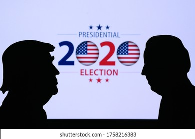 NEW YORK, USA, JUN 17, 2020: Silhouette Of Republican Candidate Donald Trump And Democratic Candidate Joe Biden. 2020 United States Presidential Election. US Vote, Concept Photo For November 3, 2020