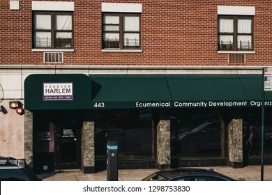 New York, USA - June 01, 2018: Facade Of Forever Harlem Community Organisation In Harlem, NYC. Since The 1920s, Harlem Is Known As A Major African American Residential, Cultural And Business Center. 