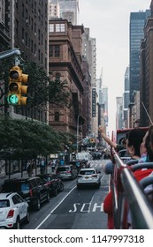 New York, USA - June 2, 2018: View Of 7th Ave From The Top Of Tourist Bus. 7th Ave Is A Street In Manhattan, Known For Madison Square Garden, Penn Station, Carnegie Hall Amongst Other Landmarks.