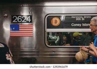 New York, USA - June 2, 2018: Coney Island direction announcement on D Line train in New York, USA. New York City Subway is one of the world's oldest public transit systems.