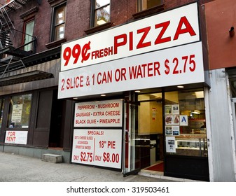 New York, New York, USA - June 20, 2011: 99 Cent Pizza Has Become A Trend Around The City. This Pizzeria Is On 34th Street On The East Side Of Manhattan.