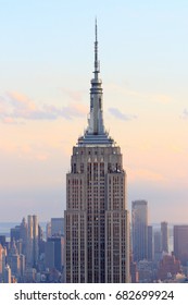 New York, USA - June, 2017 : Close Up Of Empire State Building In New York City. Manhattan Downtown Skyline With Illuminated Empire State Building And Skyscrapers At Sunset